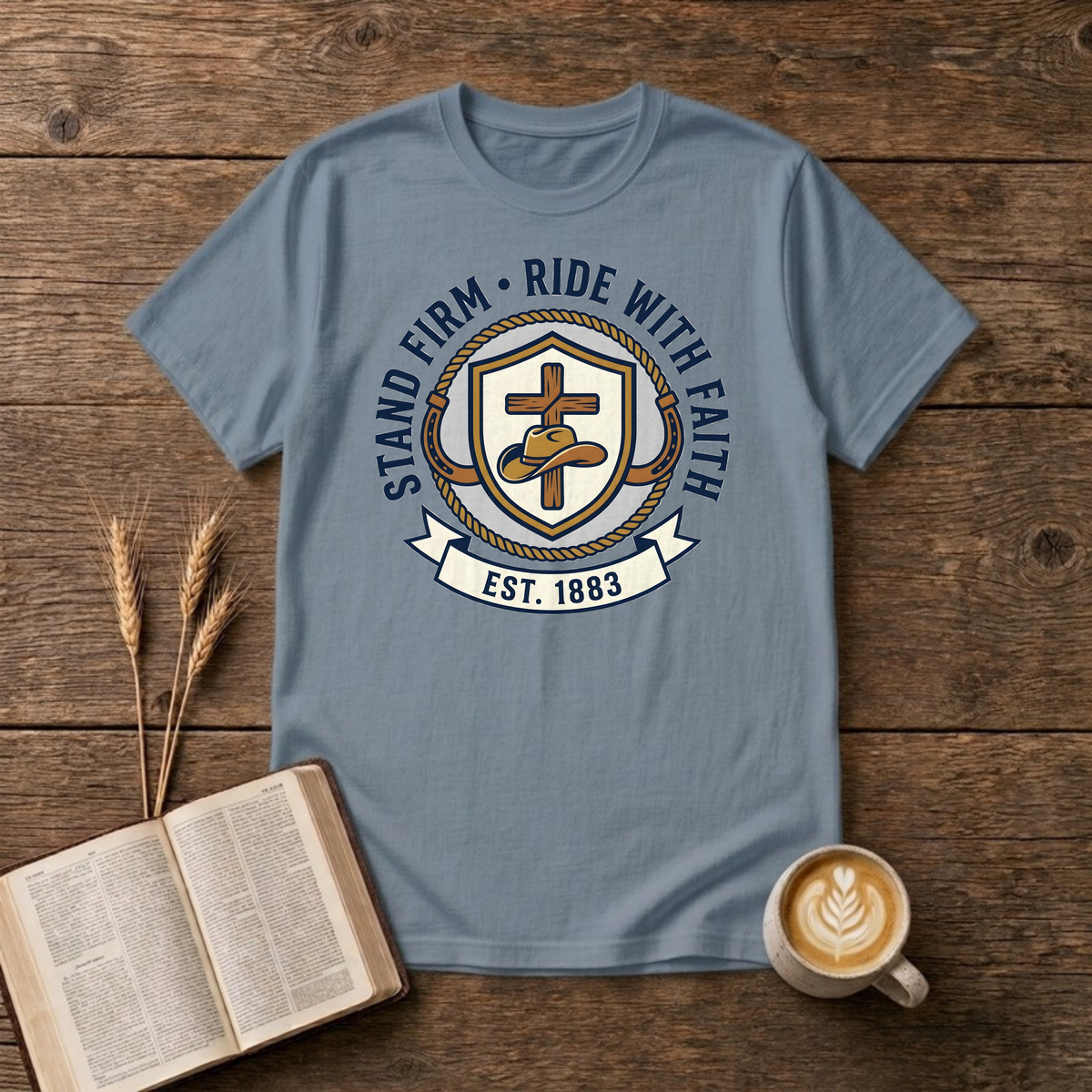 Stand Firm Ride With Faith T-Shirt, Stone Blue, Lantrum