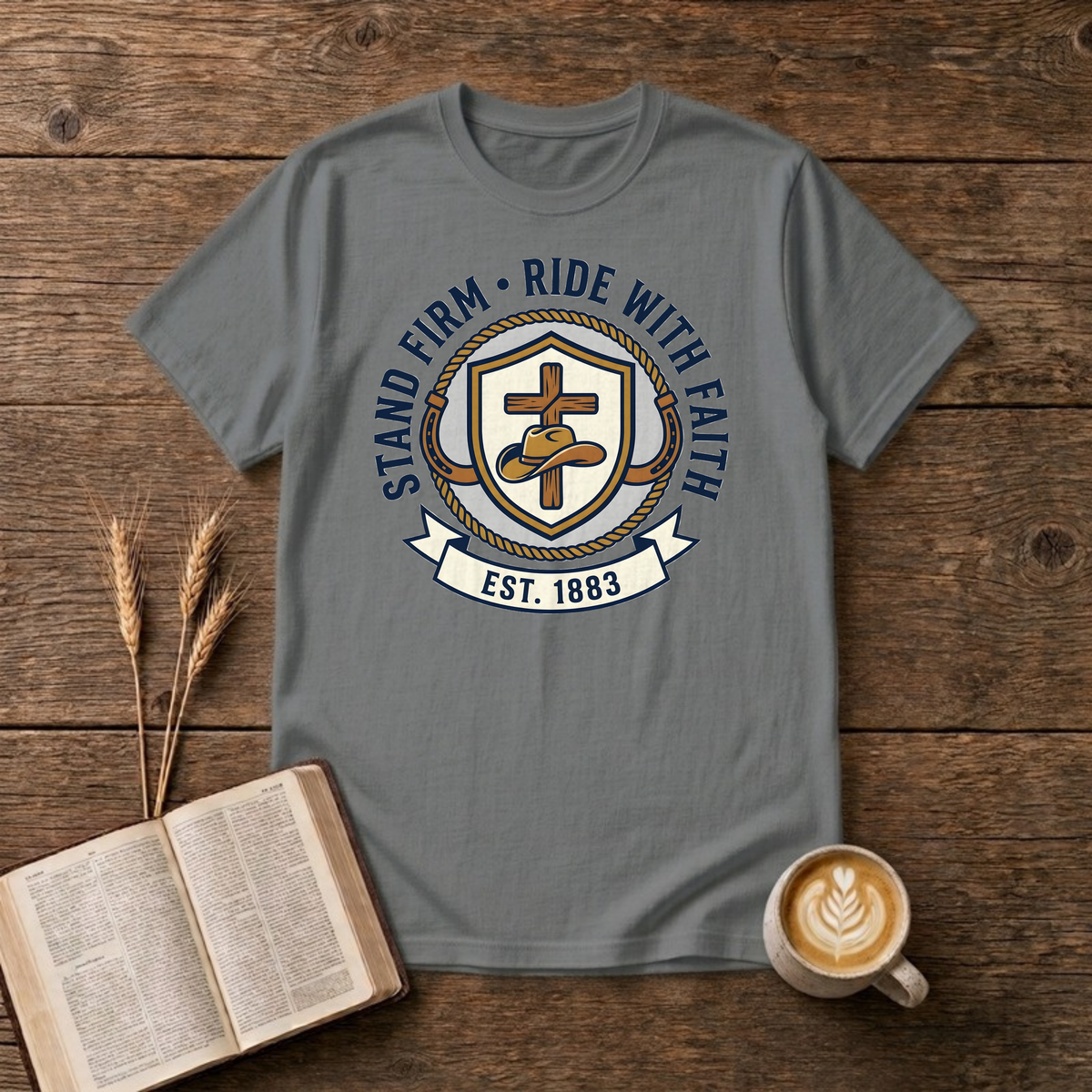 Stand Firm Ride With Faith T-Shirt, Graphite Heather, Lantrum