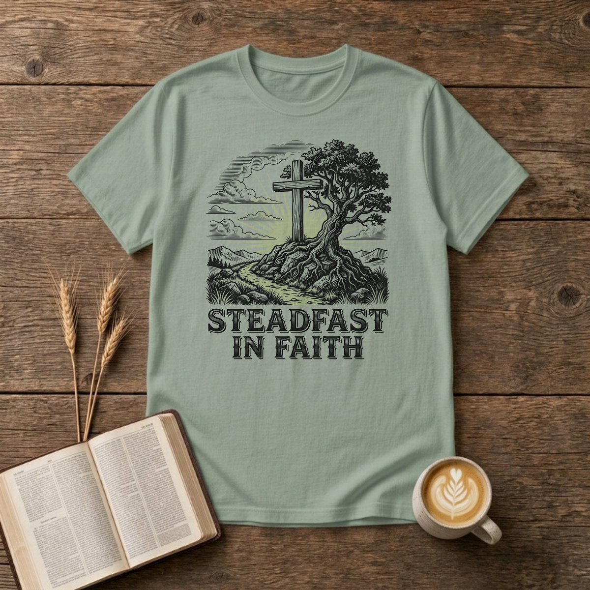 Steadfast in Faith Cross and Tree Christian T-Shirt, Sage, Lantrum