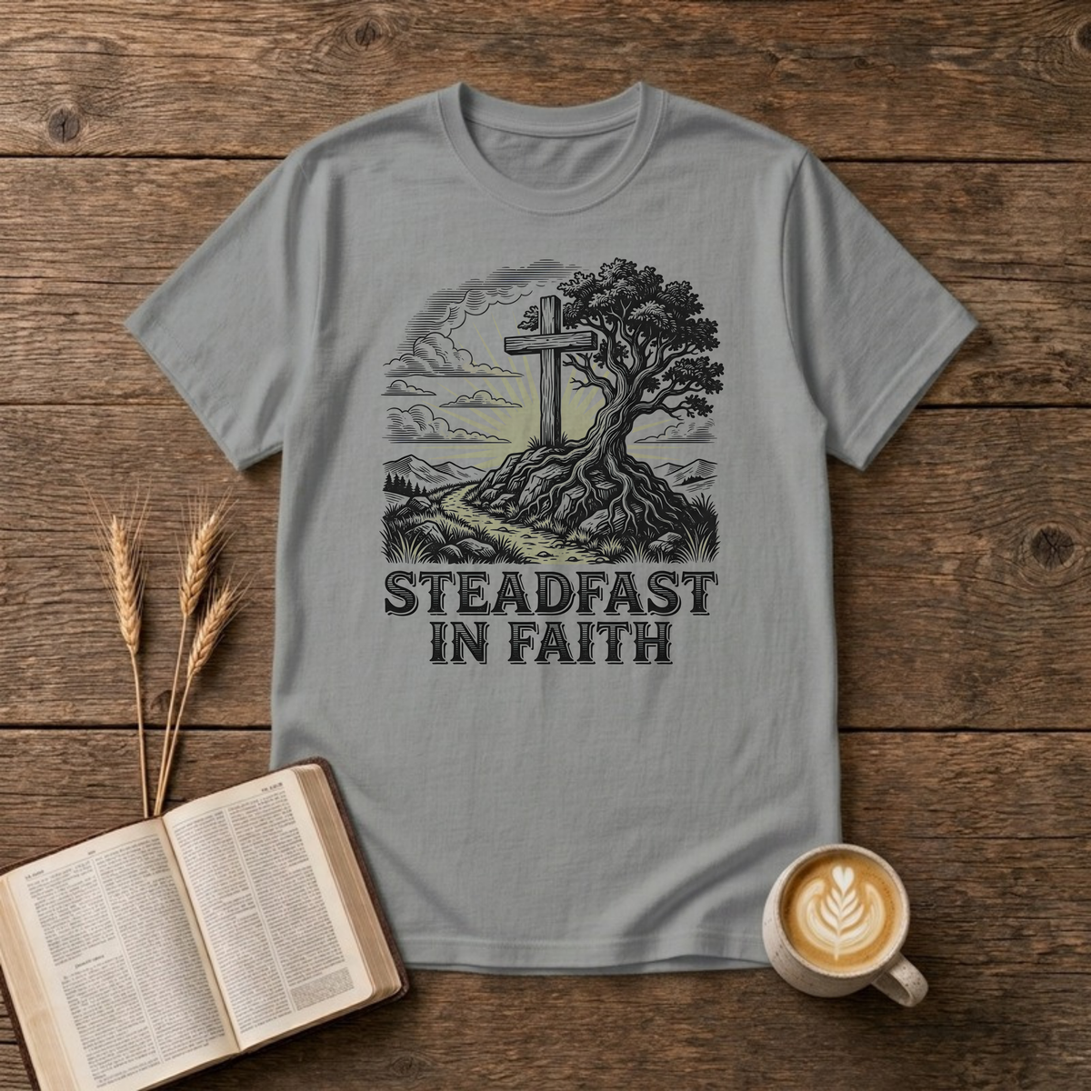 Steadfast in Faith Cross and Tree Christian T-Shirt, Sport Grey, Lantrum