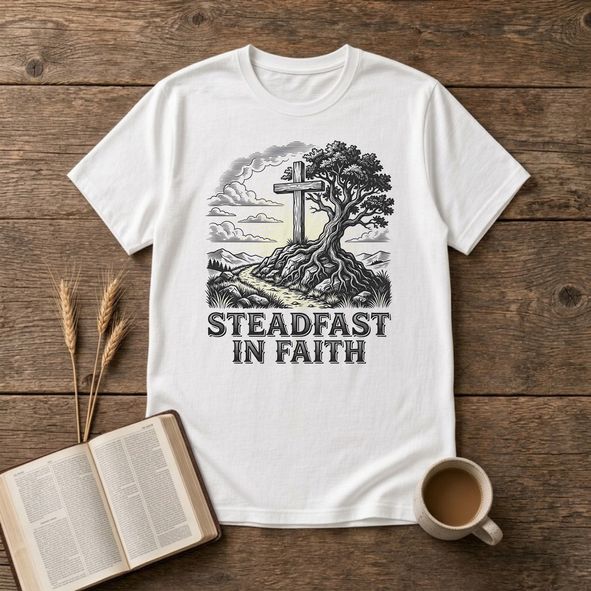 Steadfast in Faith Cross and Tree Christian T-Shirt, White, Lantrum
