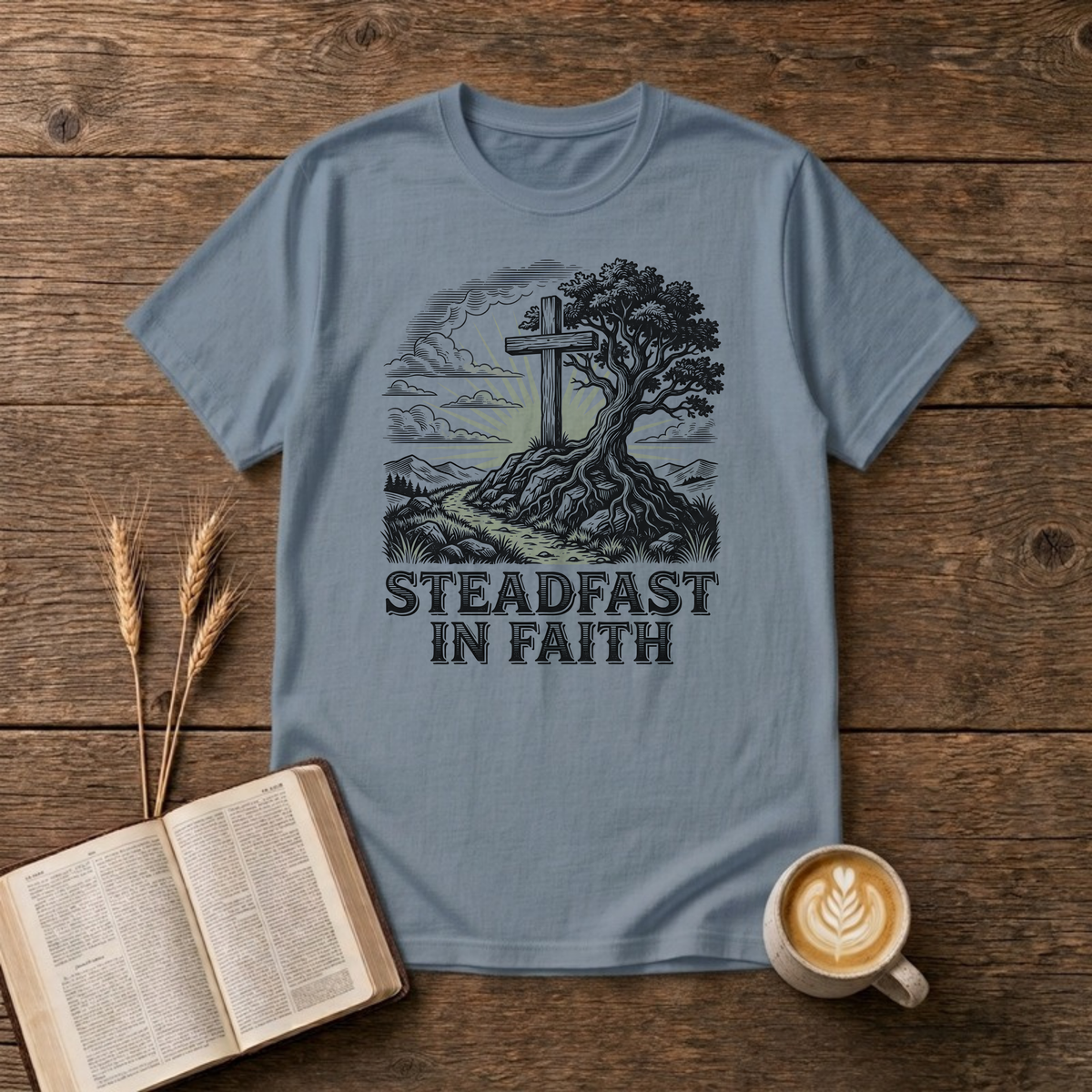 Steadfast in Faith Cross and Tree Christian T-Shirt, Stone Blue, Lantrum