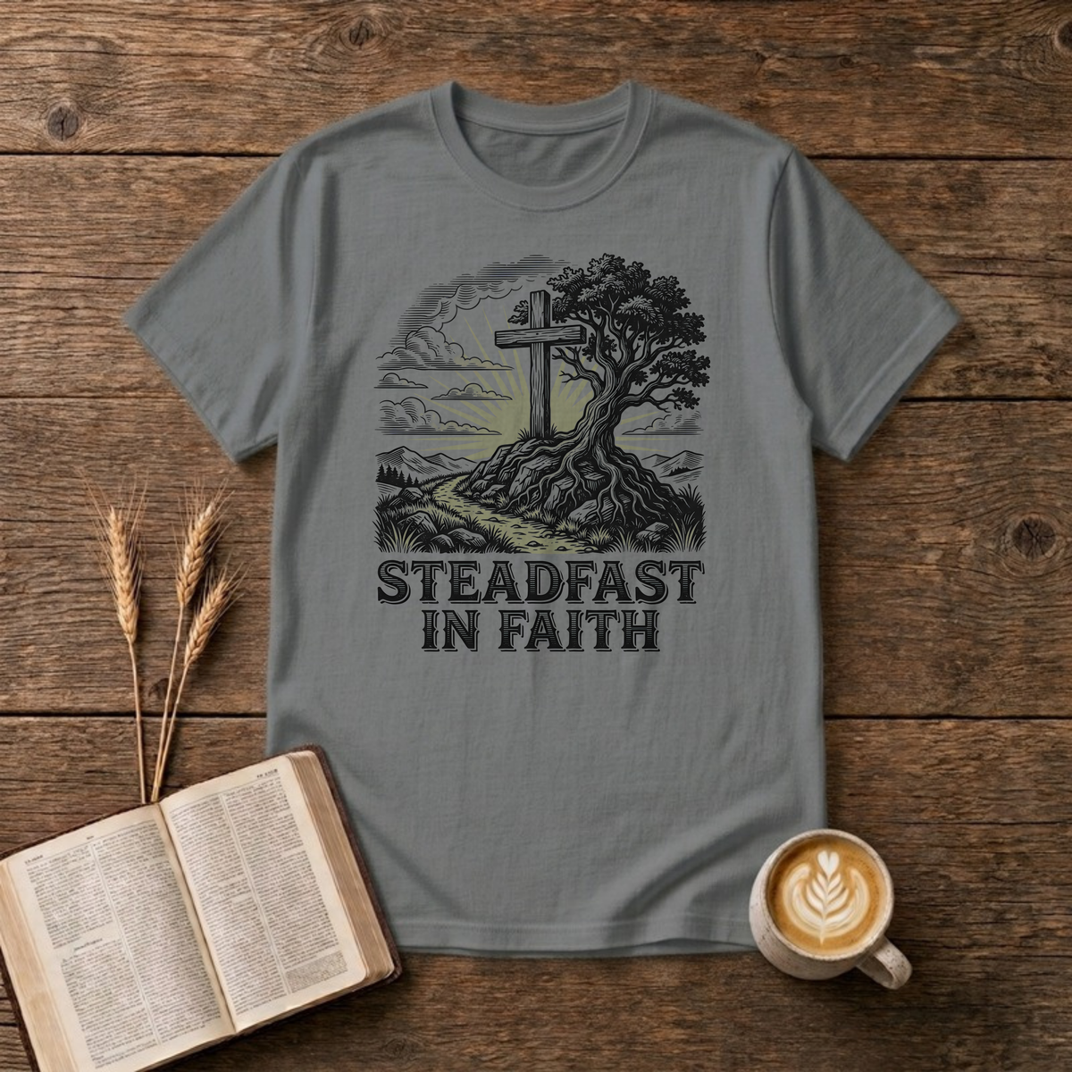Steadfast in Faith Cross and Tree Christian T-Shirt, Graphite Heather, Lantrum
