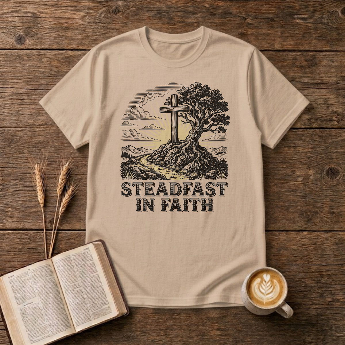 Steadfast in Faith Cross and Tree Christian T-Shirt, Natural, Lantrum