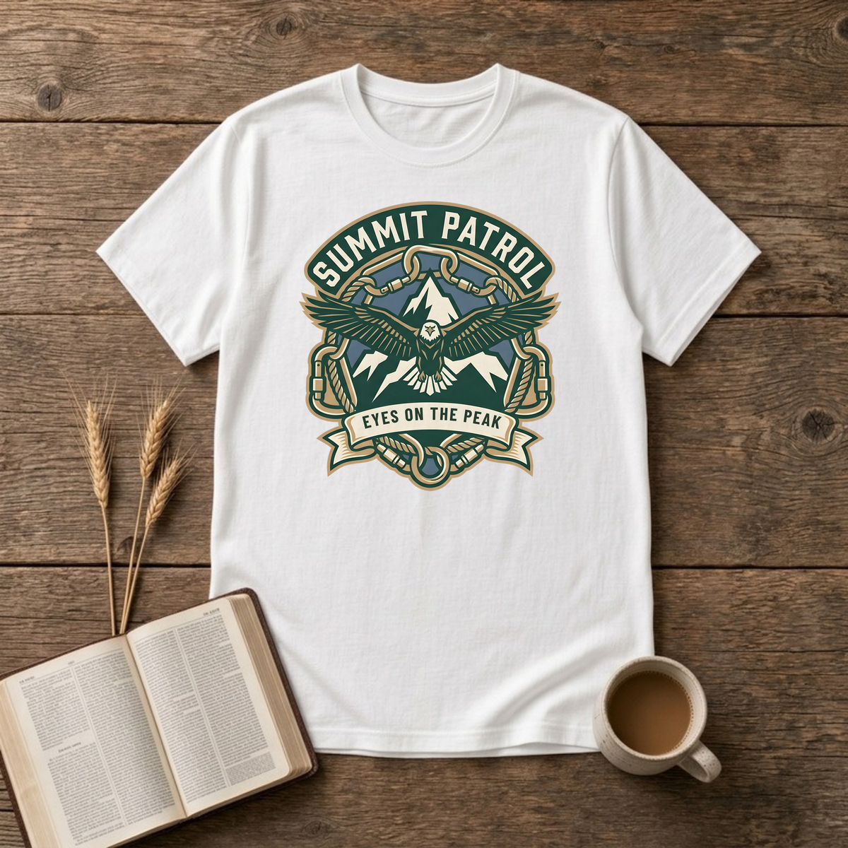 Summit Patrol design with an eagle, snow peaks and a ribbon reading Eyes On The Peak on a White unisex T-Shirt.