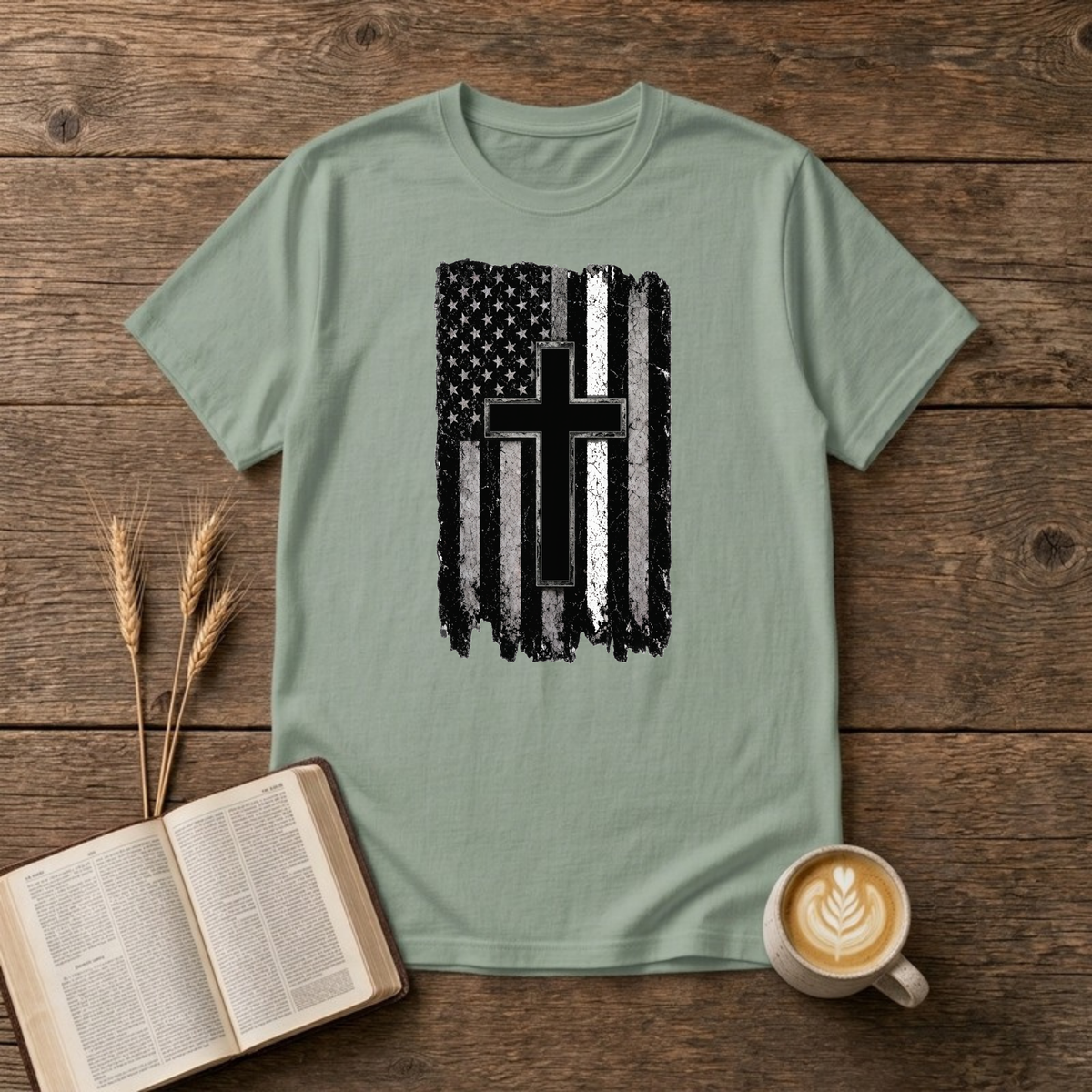 Christian Flag White Line T-Shirt, Sage, Lantrum