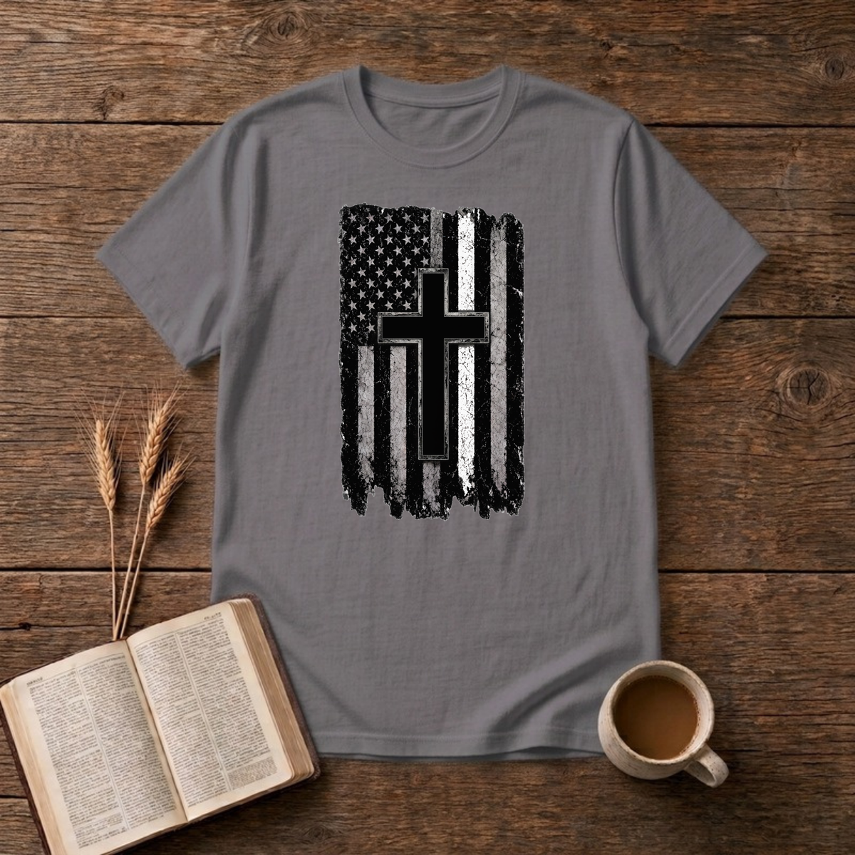 Christian Flag White Line T-Shirt, Charcoal, Lantrum
