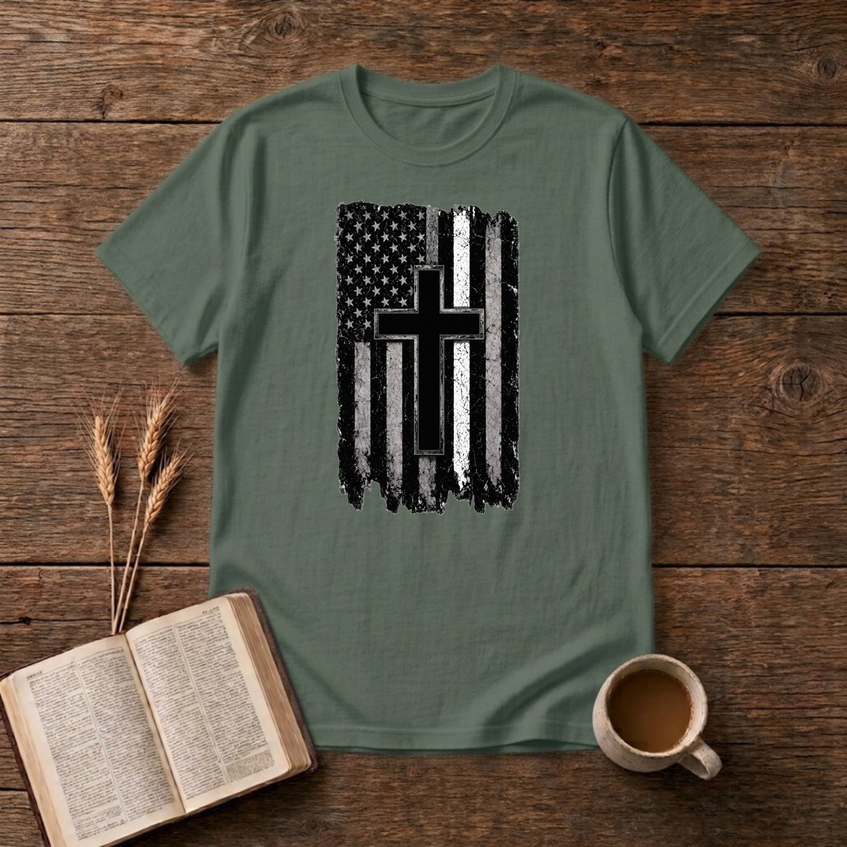 Christian Flag White Line T-Shirt, Military Green, Lantrum