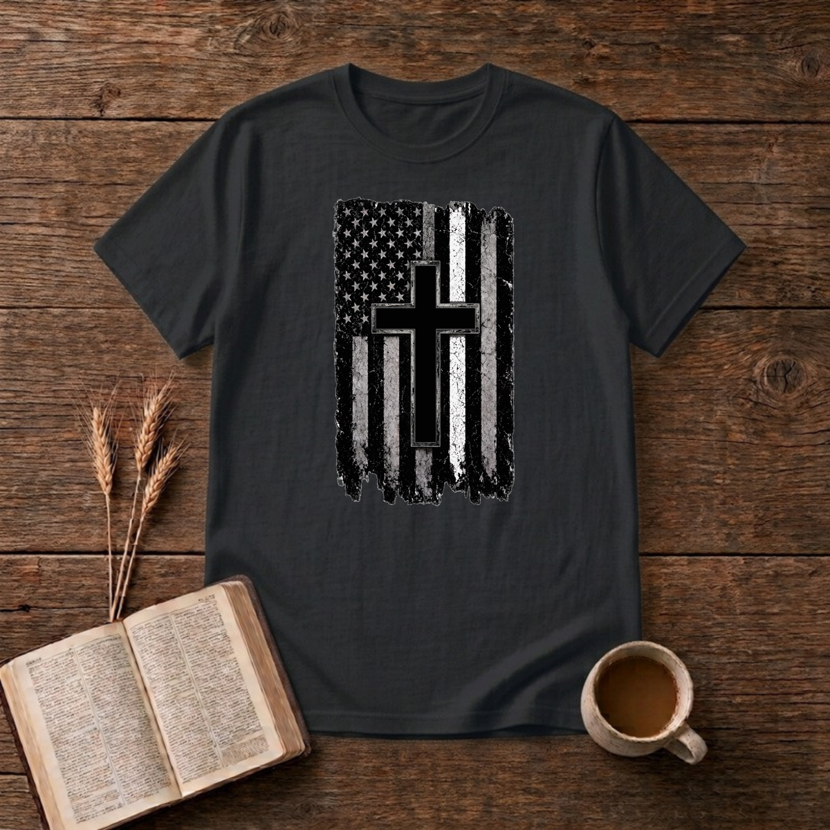 Christian Flag White Line T-Shirt, Black, Lantrum