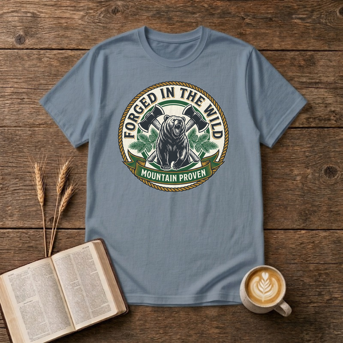 Forged In The Wild Bear T-Shirt, Stone Blue, Lantrum