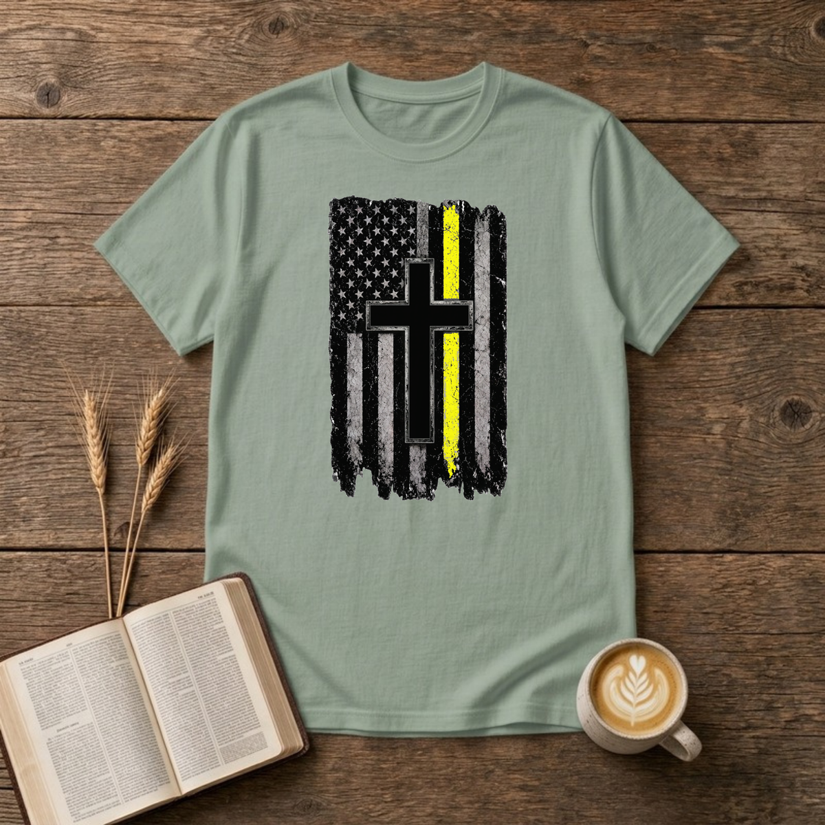 Christian Flag Thin Yellow Line T-Shirt, Sage, Lantrum