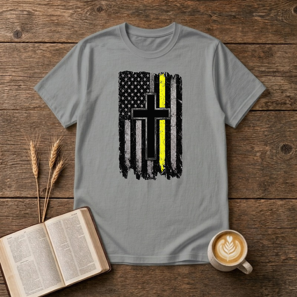 Christian Flag Thin Yellow Line T-Shirt, Sport Grey, Lantrum