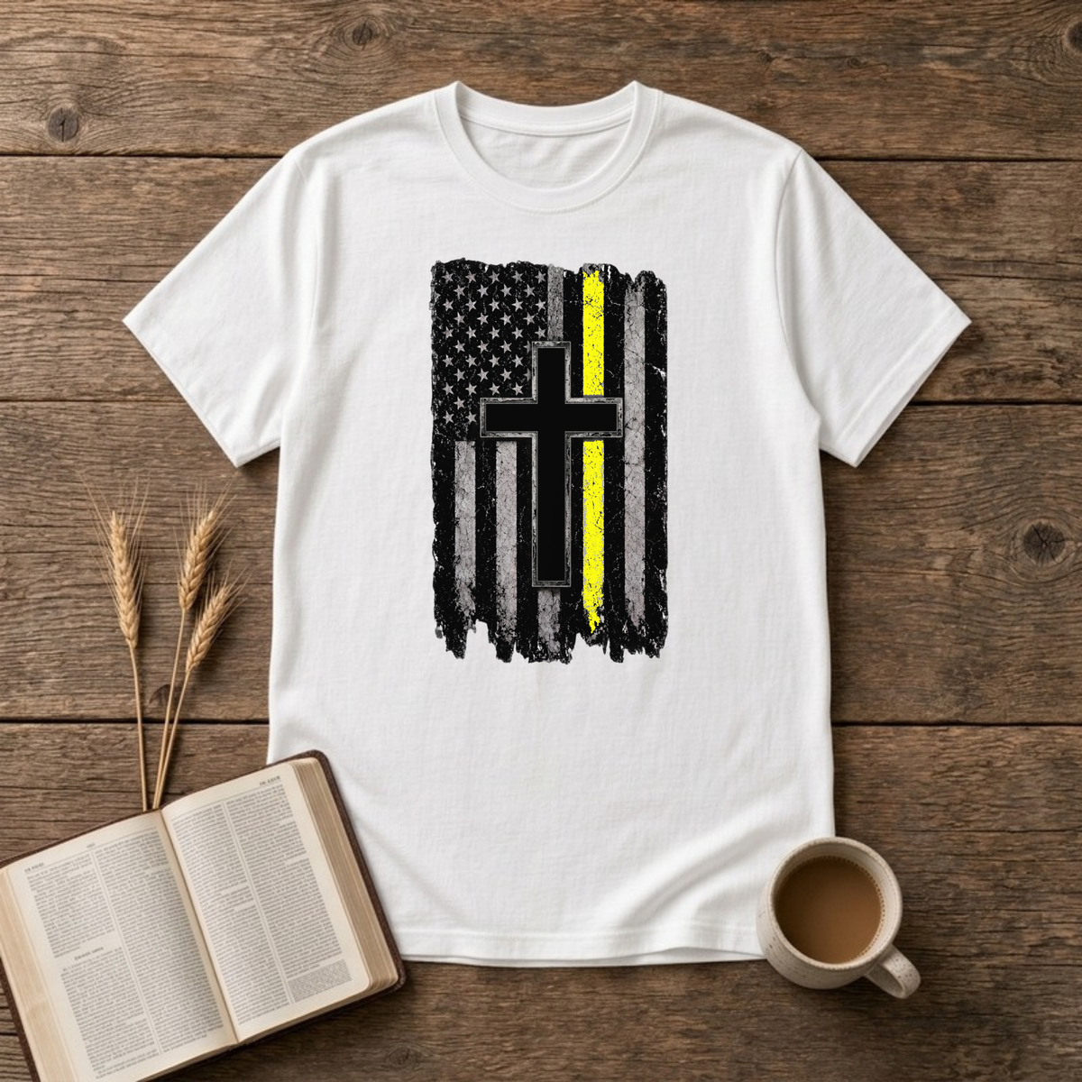 Christian Flag Thin Yellow Line T-Shirt, White, Lantrum