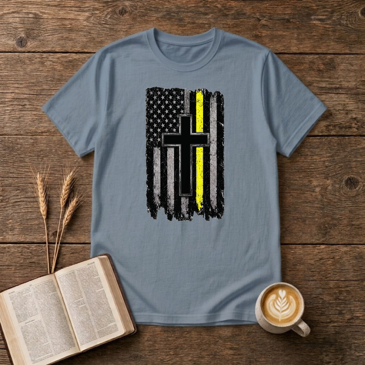 Christian Flag Thin Yellow Line T-Shirt, Stone Blue, Lantrum