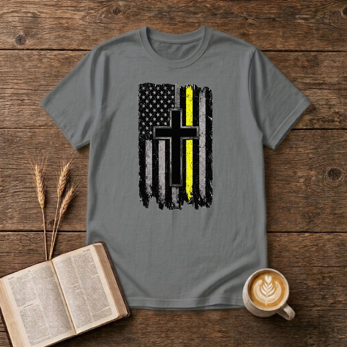 Christian Flag Thin Yellow Line T-Shirt, Graphite Heather, Lantrum