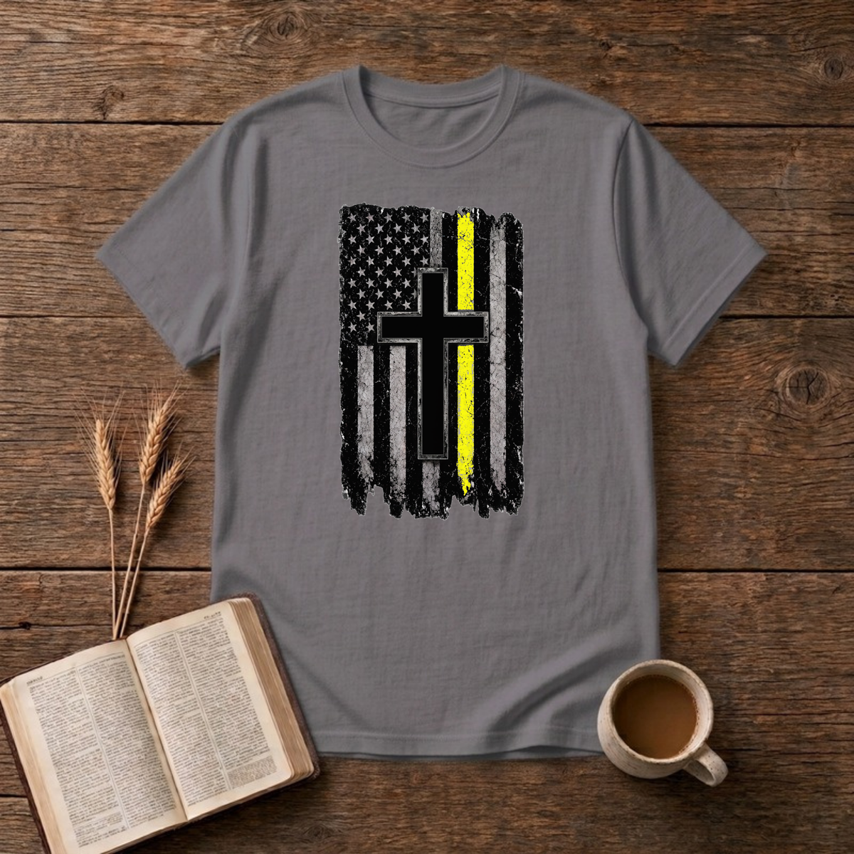Christian Flag Thin Yellow Line T-Shirt, Charcoal, Lantrum