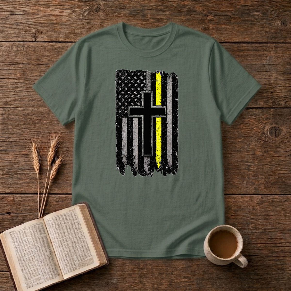 Christian Flag Thin Yellow Line T-Shirt, Military Green, Lantrum