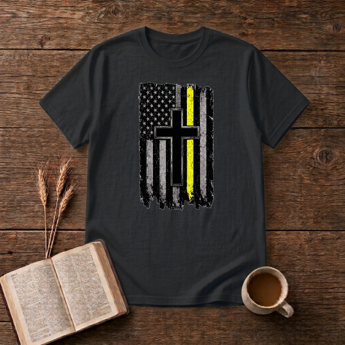 Christian Flag Thin Yellow Line T-Shirt, Black, Lantrum