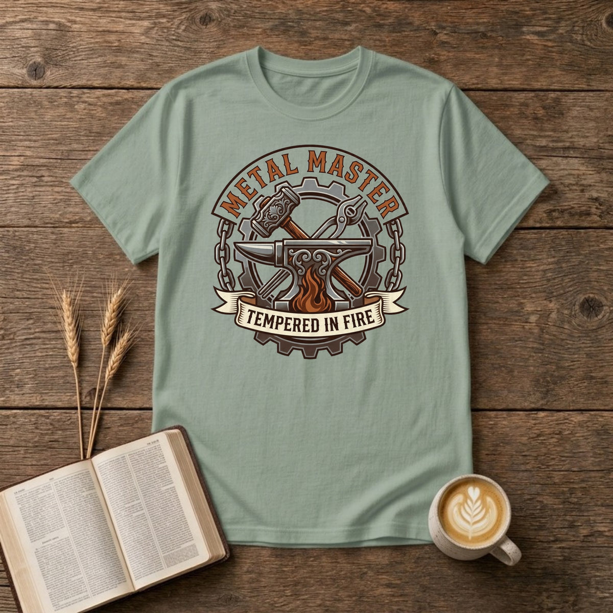 Metal Master Tempered in Fire blacksmith badge with hammer and tongs over an anvil, fire, gear and chain on a Sage unisex T-shirt