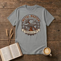 Metal Master Tempered in Fire blacksmith badge with hammer and tongs over an anvil, fire, gear and chain on a Sport Grey unisex T-shirt