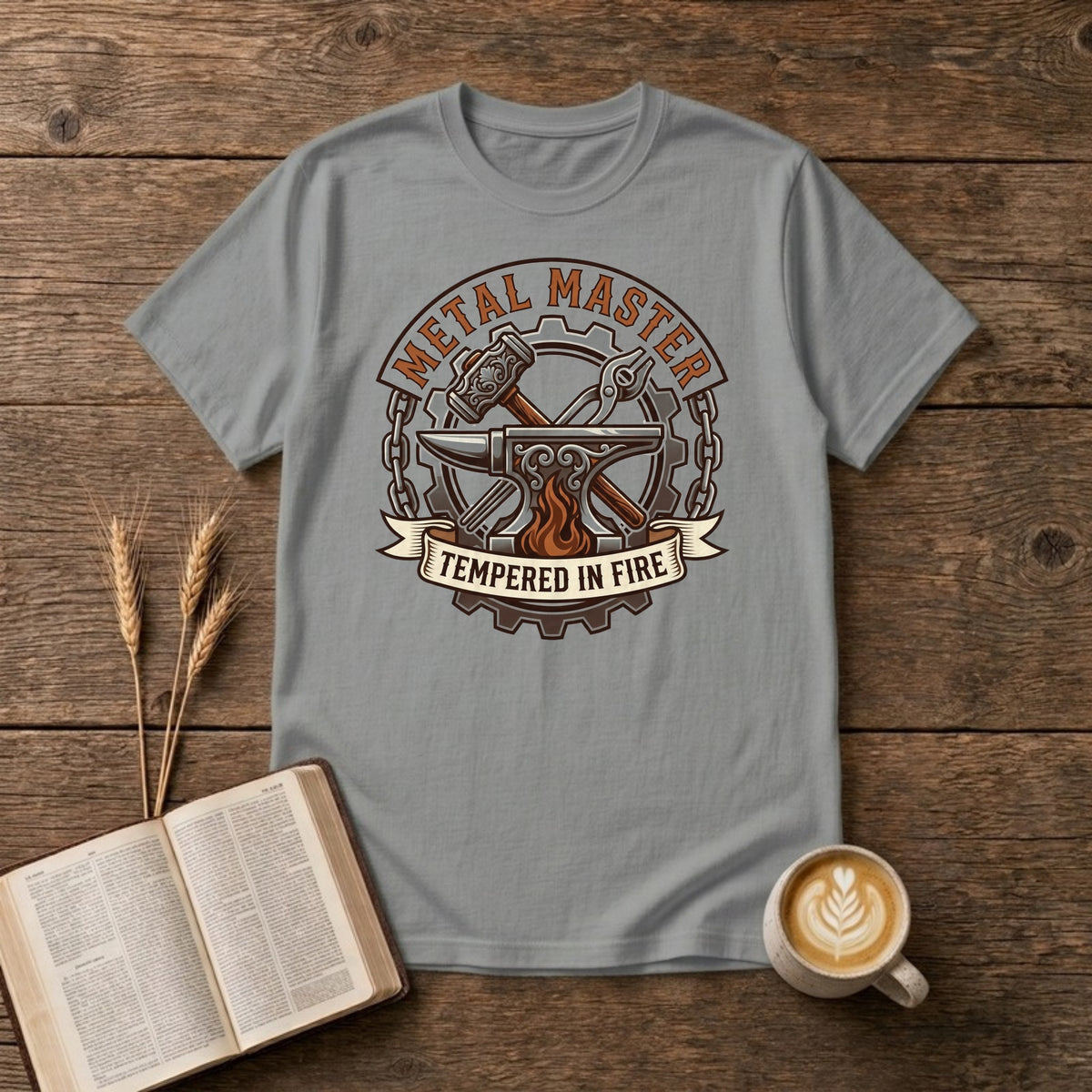 Metal Master Tempered in Fire blacksmith badge with hammer and tongs over an anvil, fire, gear and chain on a Sport Grey unisex T-shirt