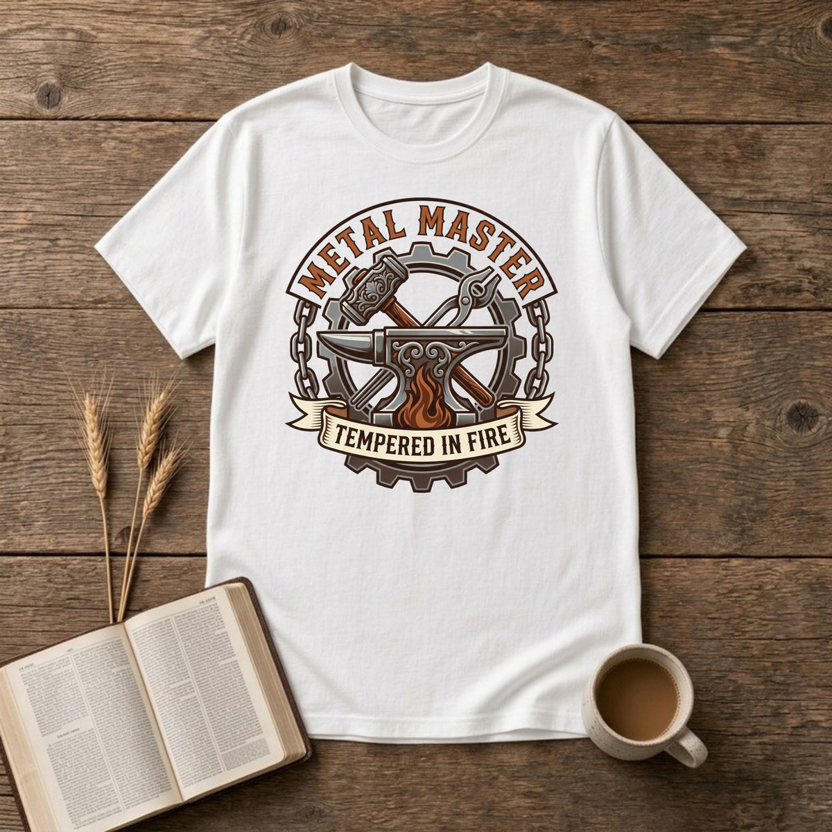 Metal Master Tempered in Fire blacksmith badge with hammer and tongs over an anvil, fire, gear and chain on a White unisex T-shirt