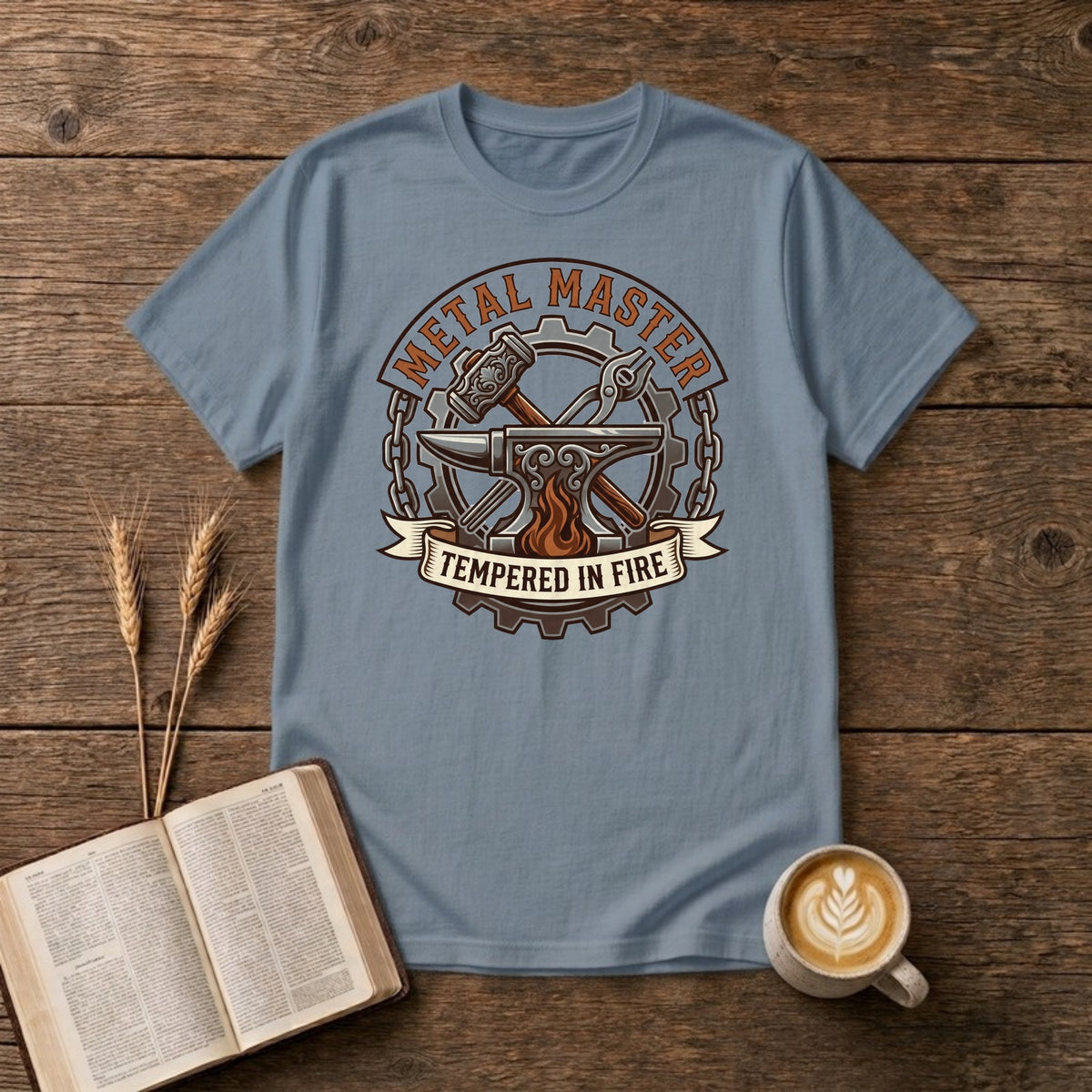 Metal Master Tempered in Fire blacksmith badge with hammer and tongs over an anvil, fire, gear and chain on a Stone Blue unisex T-shirt