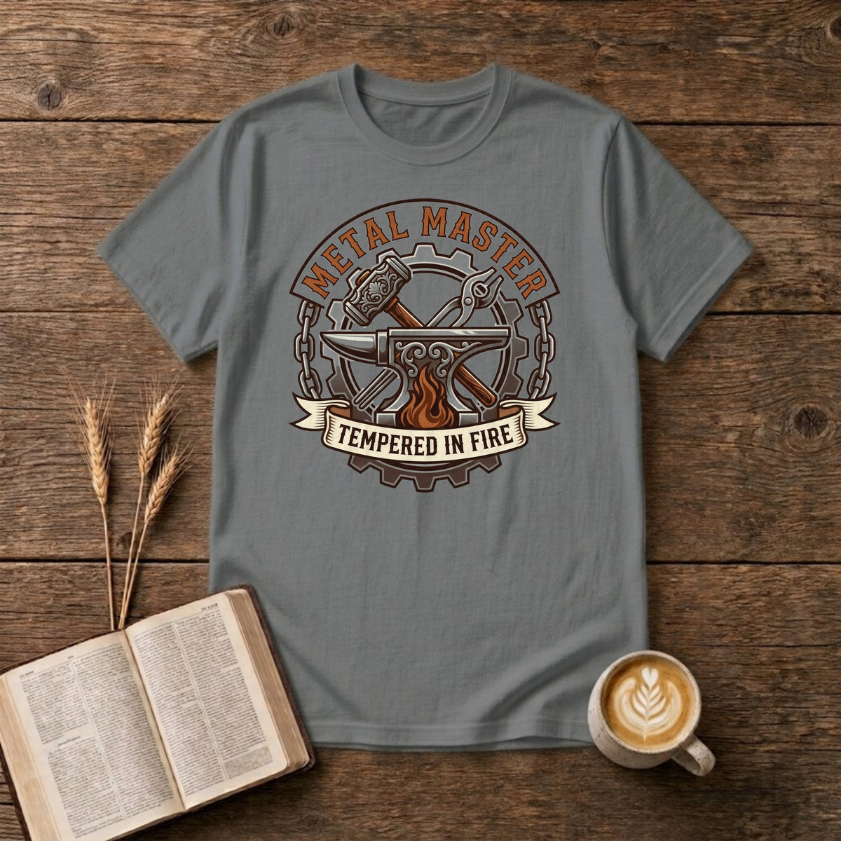 Metal Master Tempered in Fire blacksmith badge with hammer and tongs over an anvil, fire, gear and chain on a Graphite Heather unisex T-shirt