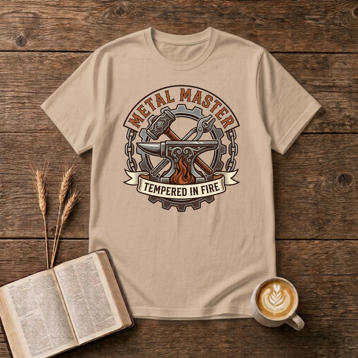 Metal Master Tempered in Fire blacksmith badge with hammer and tongs over an anvil, fire, gear and chain on a Natural unisex T-shirt