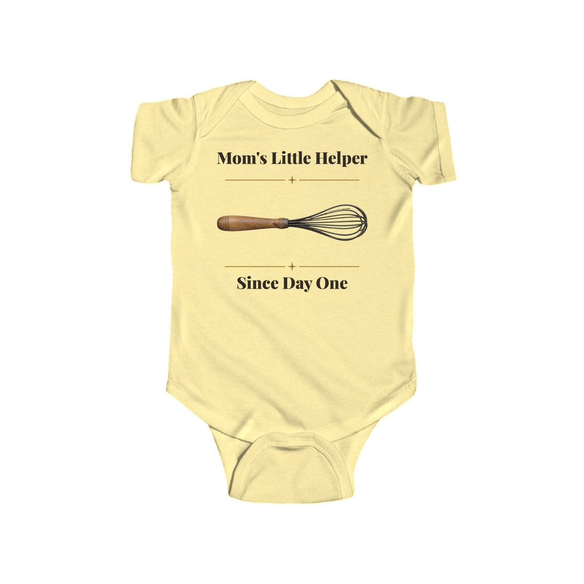 Mom's Little Helper Since Day One baby bodysuit in Butter on a wood table with a knit blanket, wooden rattle and open Bible