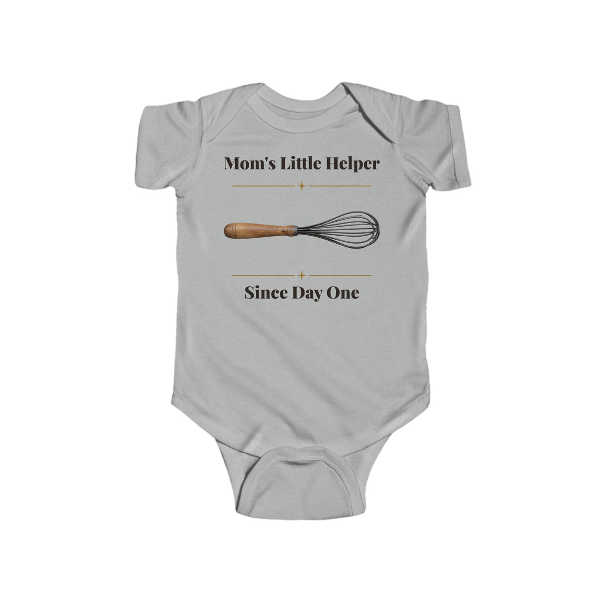 Mom's Little Helper Since Day One baby bodysuit in Heather on a wood table with a knit blanket, wooden rattle and open Bible