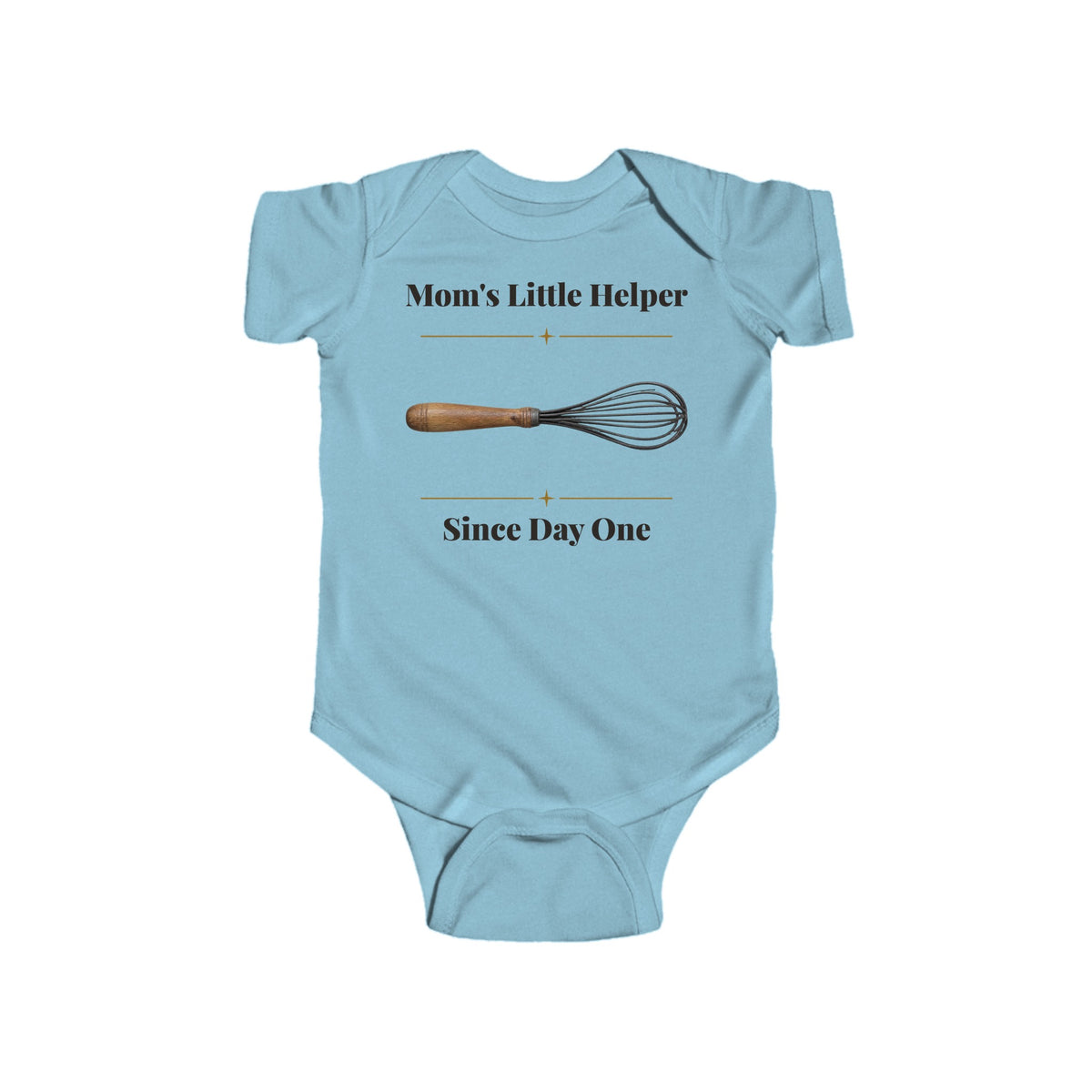 Mom's Little Helper Since Day One baby bodysuit in Light Blue on a wood table with a knit blanket, wooden rattle and open Bible