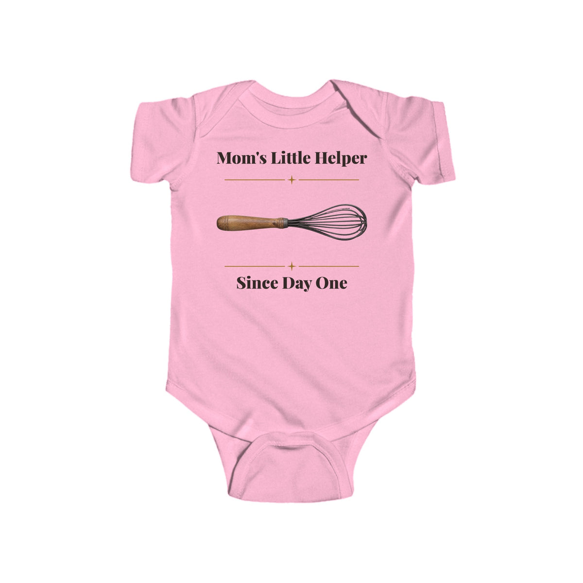 Mom's Little Helper Since Day One baby bodysuit in Pink on a wood table with a knit blanket, wooden rattle and open Bible