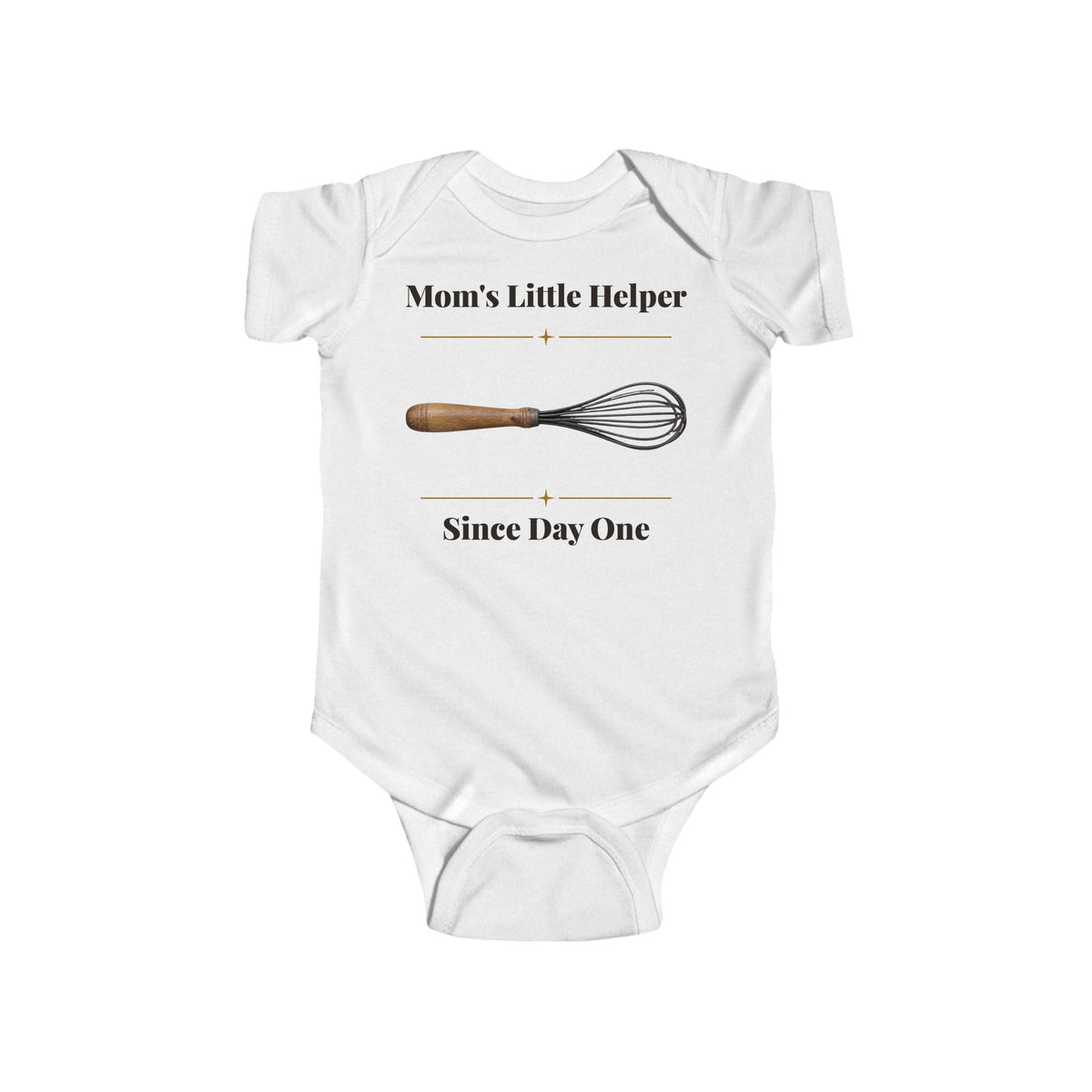Mom's Little Helper Since Day One baby bodysuit in White on a wood table with a knit blanket, wooden rattle and open Bible