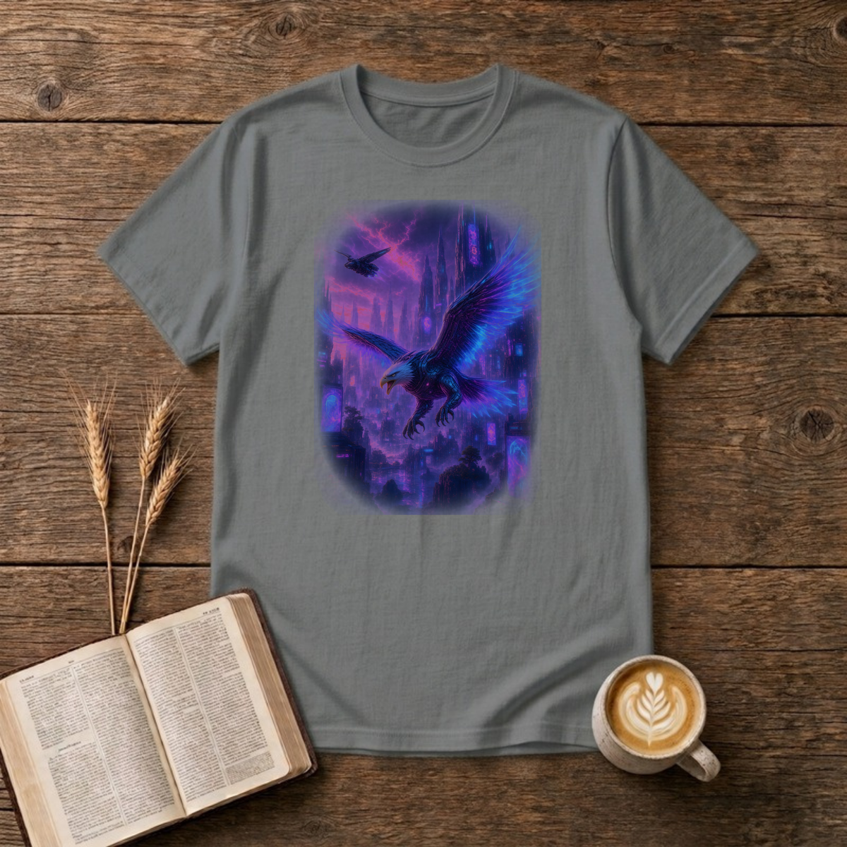 Moonlit Eagle T-Shirt in Graphite Heather, front view, eagle with feathered wings gliding over moonlit city spires graphic
