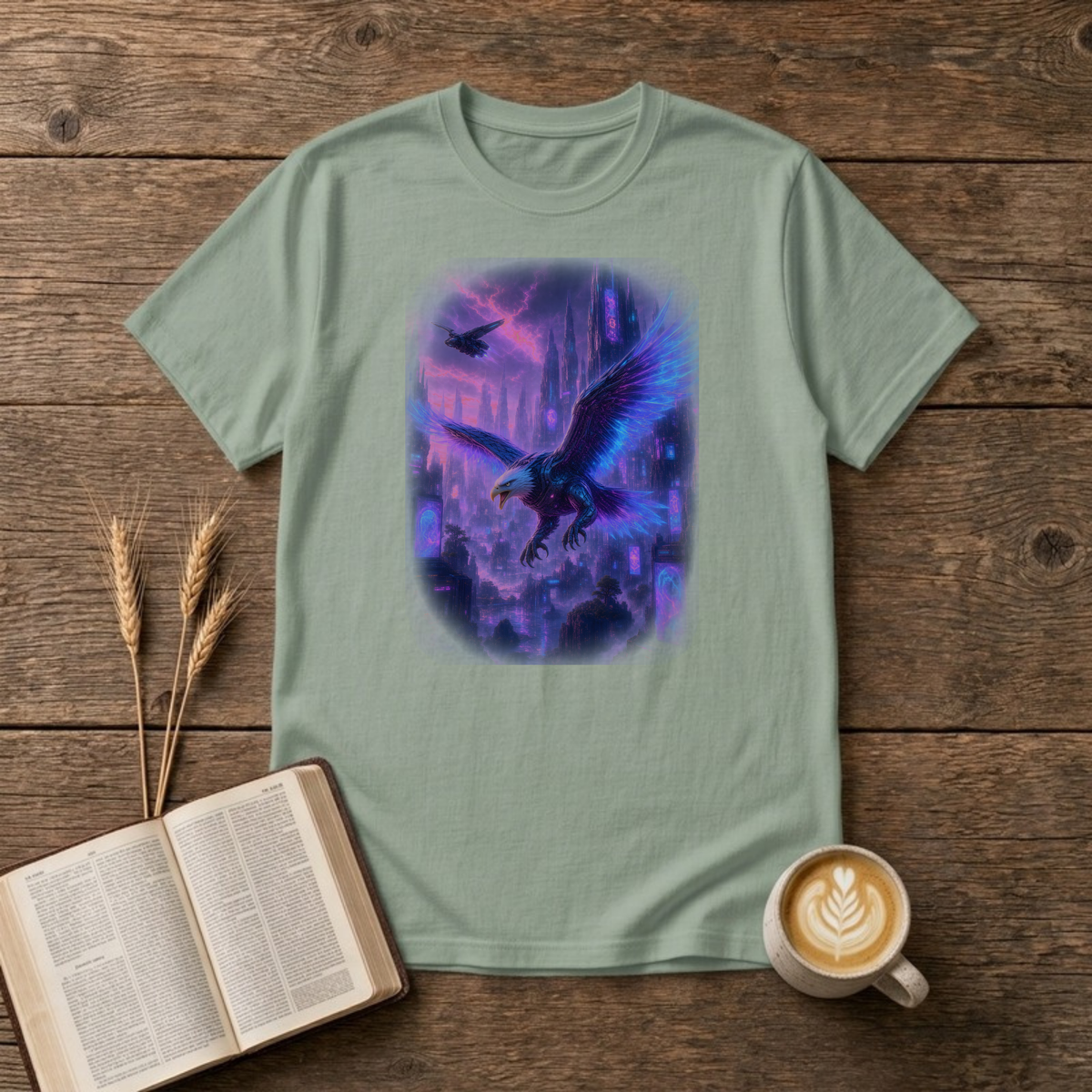 Moonlit Eagle T-Shirt in Sage, front view, eagle with feathered wings gliding over moonlit city spires graphic