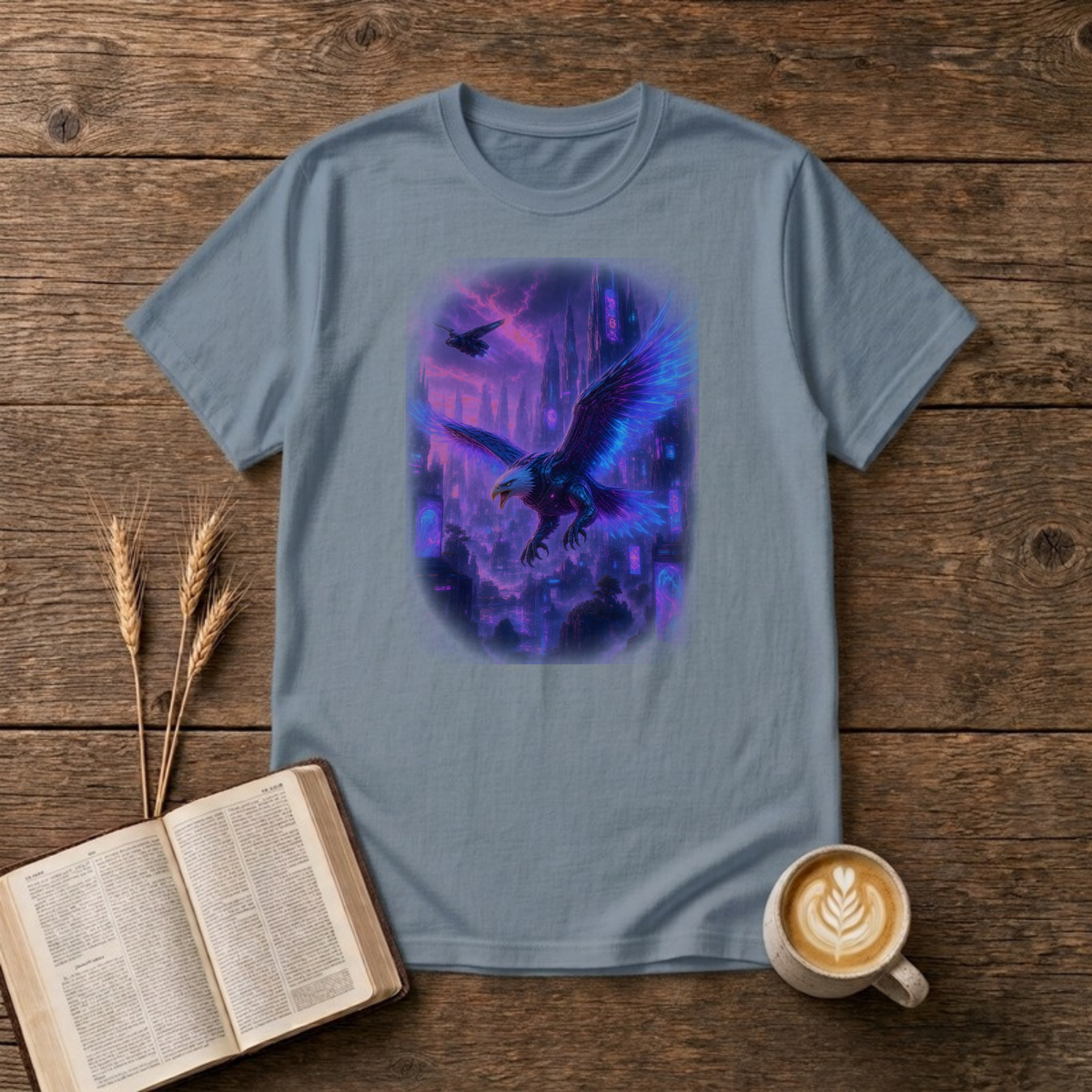 Moonlit Eagle T-Shirt in Stone Blue, front view, eagle with feathered wings gliding over moonlit city spires graphic