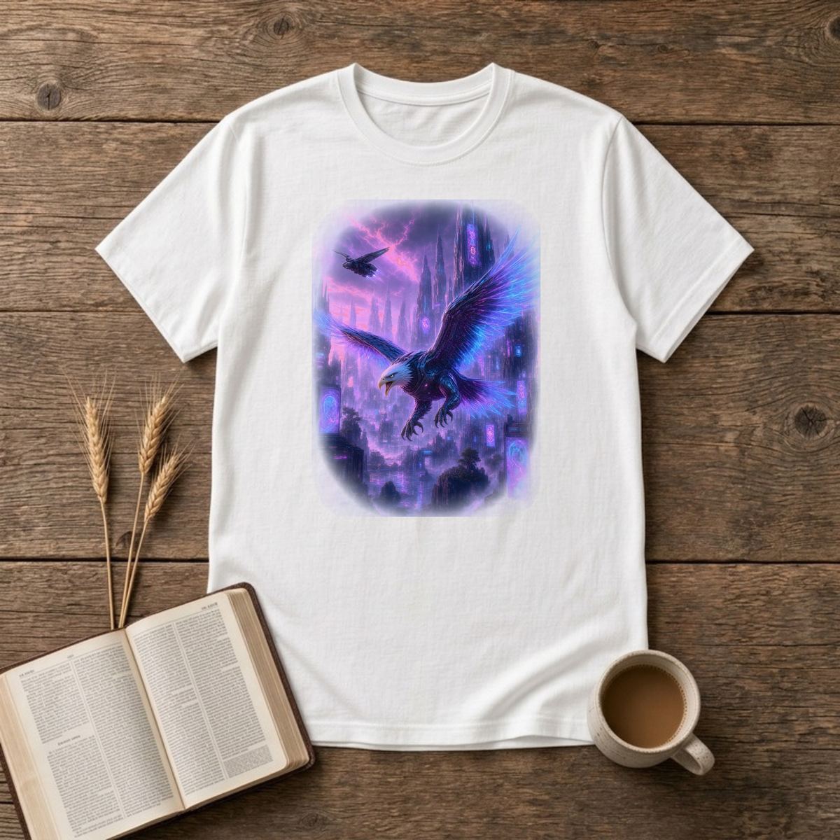 Moonlit Eagle T-Shirt in White, front view, eagle with feathered wings gliding over moonlit city spires graphic