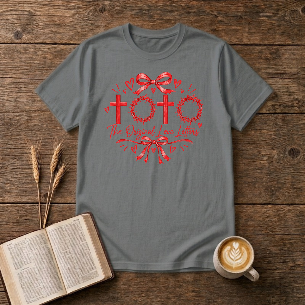 The Original Love Letters T-Shirt in Graphite Heather, red crosses and crowns of thorns Easter faith graphic