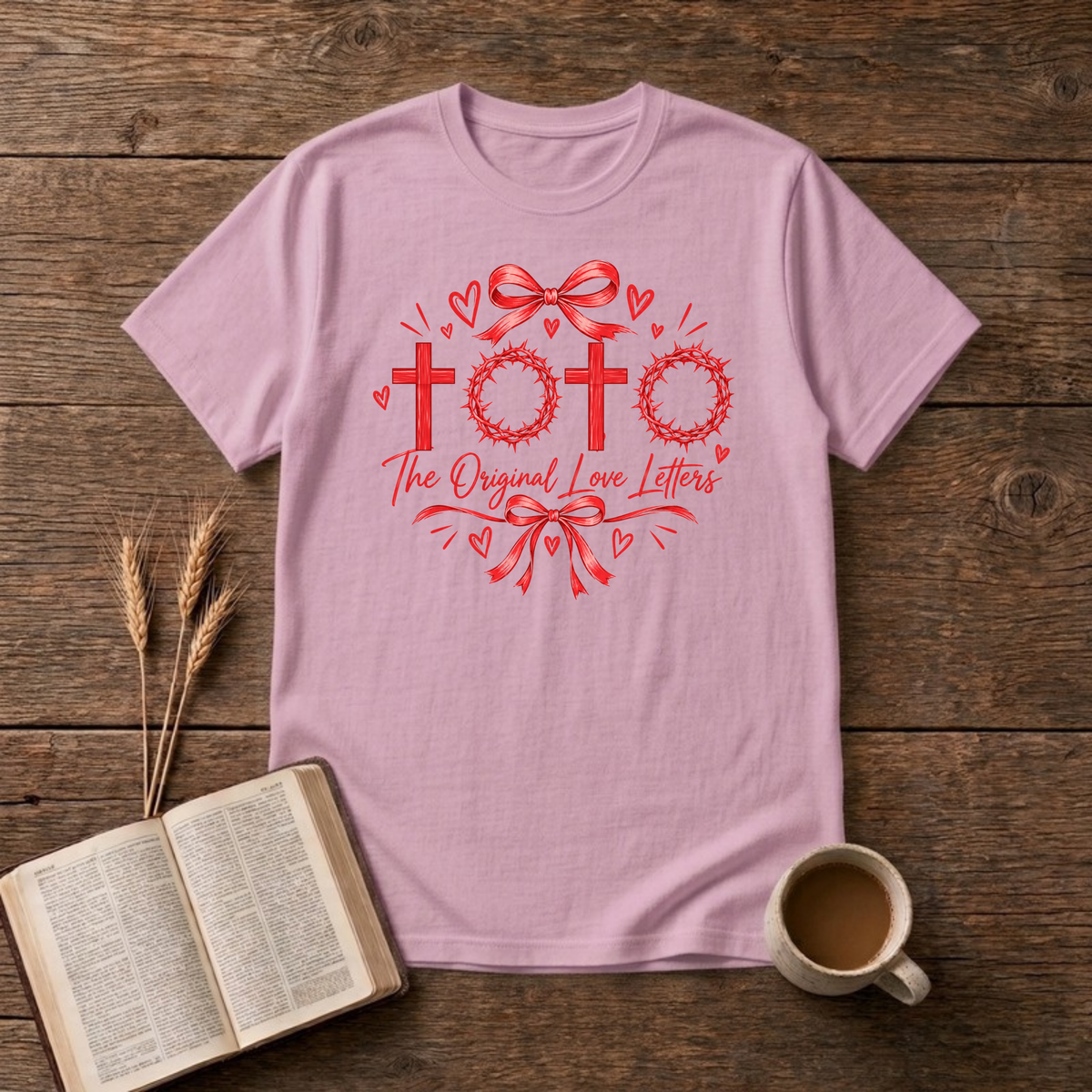The Original Love Letters T-Shirt in Light Pink, red crosses and crowns of thorns Easter faith graphic