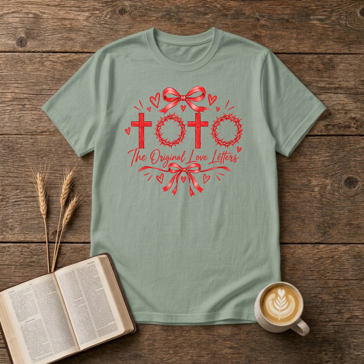 The Original Love Letters T-Shirt in Sage, red crosses and crowns of thorns Easter faith graphic