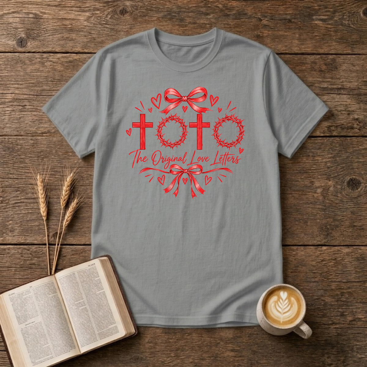 The Original Love Letters T-Shirt in Sport Grey, red crosses and crowns of thorns Easter faith graphic