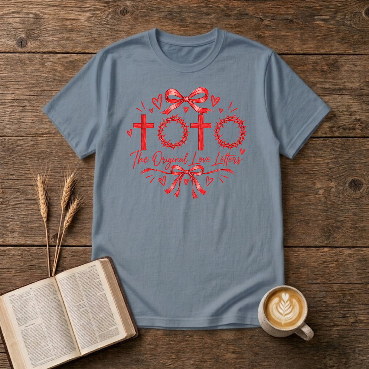 The Original Love Letters T-Shirt in Stone Blue, red crosses and crowns of thorns Easter faith graphic