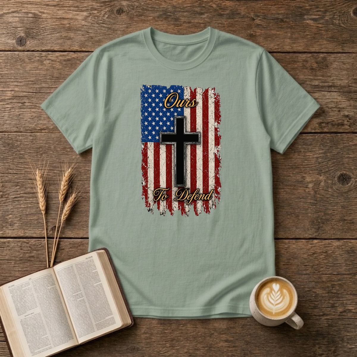 Ours To Defend Distressed Red, White and Blue American Flag Black Cross T-Shirt, Sage, Lantrum
