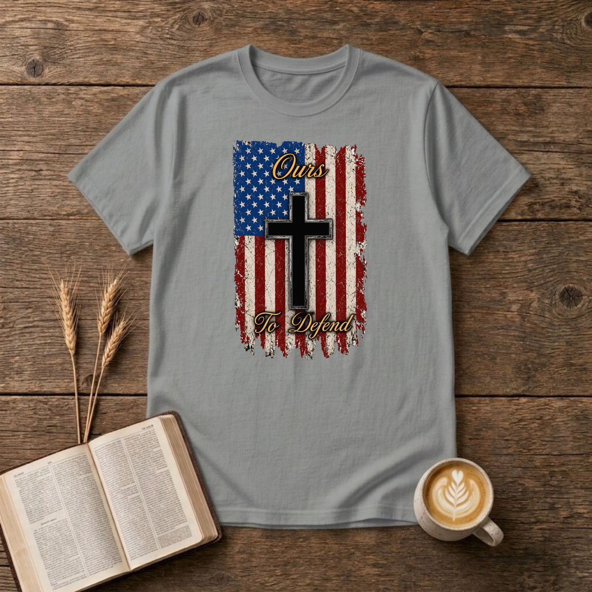 Ours To Defend Distressed Red, White and Blue American Flag Black Cross T-Shirt, Sport Grey, Lantrum