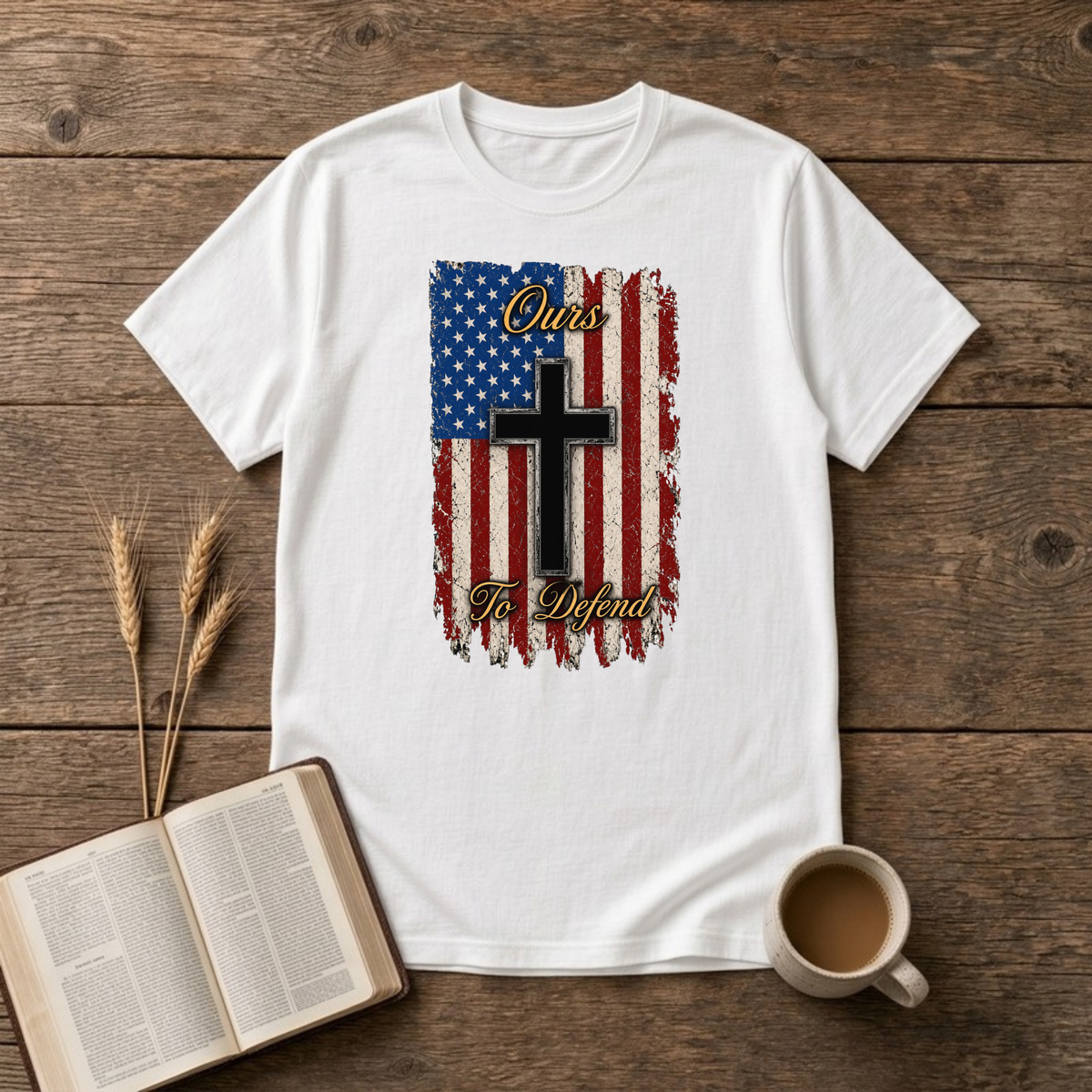 Ours To Defend Distressed Red, White and Blue American Flag Black Cross T-Shirt, White, Lantrum