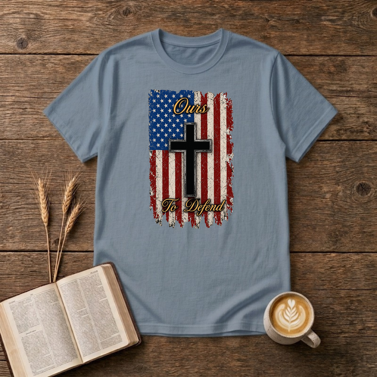 Ours To Defend Distressed Red, White and Blue American Flag Black Cross T-Shirt, Stone Blue, Lantrum