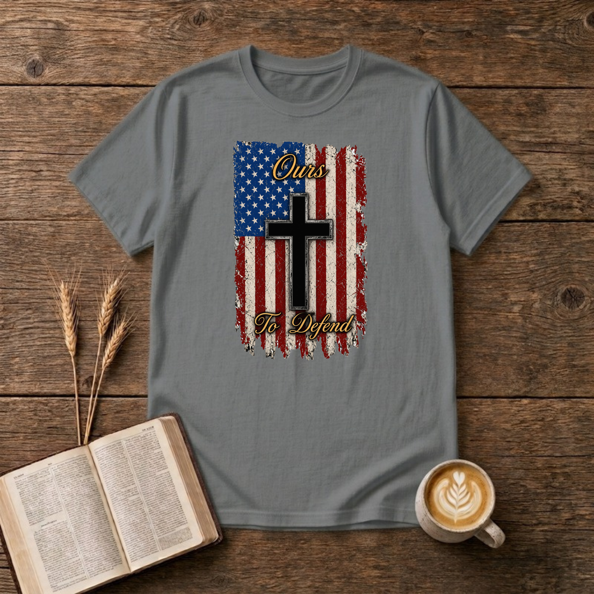 Ours To Defend Distressed Red, White and Blue American Flag Black Cross T-Shirt, Graphite Heather, Lantrum