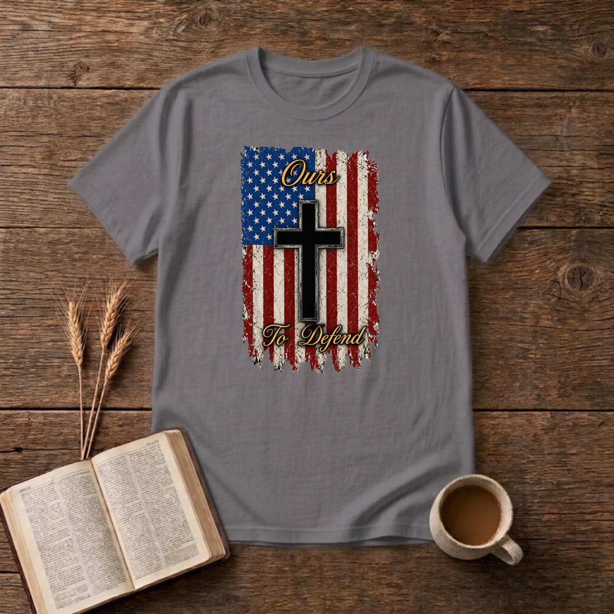 Ours To Defend Distressed Red, White and Blue American Flag Black Cross T-Shirt, Charcoal, Lantrum