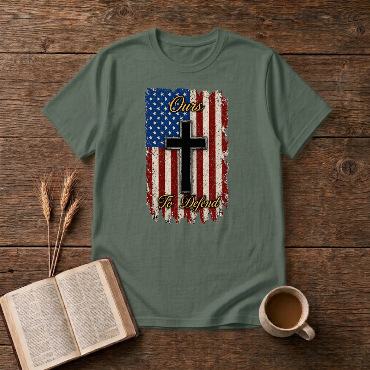 Ours To Defend Distressed Red, White and Blue American Flag Black Cross T-Shirt, Military Green, Lantrum